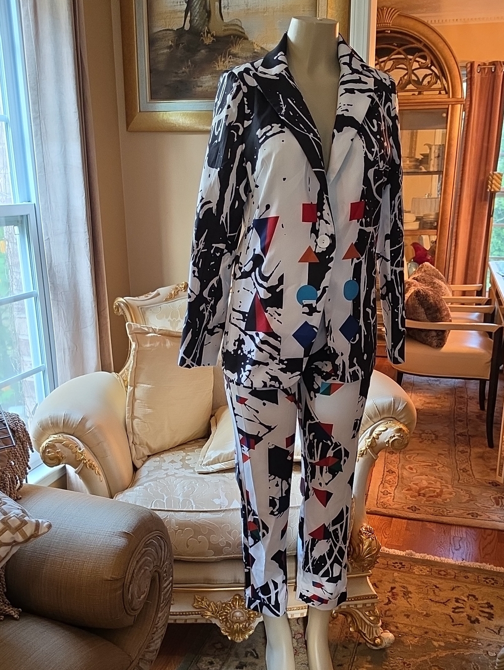 L'ATISTE Black & White Abstract Geometric Two-Piece Pantsuit with Color Accents
